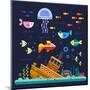 Sea Life. Underwater World. Fish, Jellyfish, Sea Bottom, Backwaters Ship, Algae, Treasure. Vector F-Beresnev-Mounted Art Print