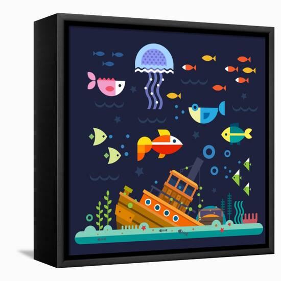 Sea Life. Underwater World. Fish, Jellyfish, Sea Bottom, Backwaters Ship, Algae, Treasure. Vector F-Beresnev-Framed Stretched Canvas