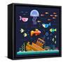 Sea Life. Underwater World. Fish, Jellyfish, Sea Bottom, Backwaters Ship, Algae, Treasure. Vector F-Beresnev-Framed Stretched Canvas