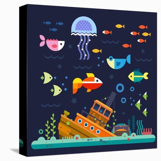 Sea Life. Underwater World. Fish, Jellyfish, Sea Bottom, Backwaters Ship, Algae, Treasure. Vector F-Beresnev-Stretched Canvas