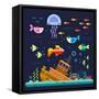 Sea Life. Underwater World. Fish, Jellyfish, Sea Bottom, Backwaters Ship, Algae, Treasure. Vector F-Beresnev-Framed Stretched Canvas