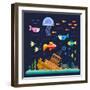 Sea Life. Underwater World. Fish, Jellyfish, Sea Bottom, Backwaters Ship, Algae, Treasure. Vector F-Beresnev-Framed Art Print