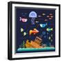 Sea Life. Underwater World. Fish, Jellyfish, Sea Bottom, Backwaters Ship, Algae, Treasure. Vector F-Beresnev-Framed Art Print