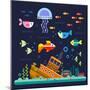 Sea Life. Underwater World. Fish, Jellyfish, Sea Bottom, Backwaters Ship, Algae, Treasure. Vector F-Beresnev-Mounted Art Print