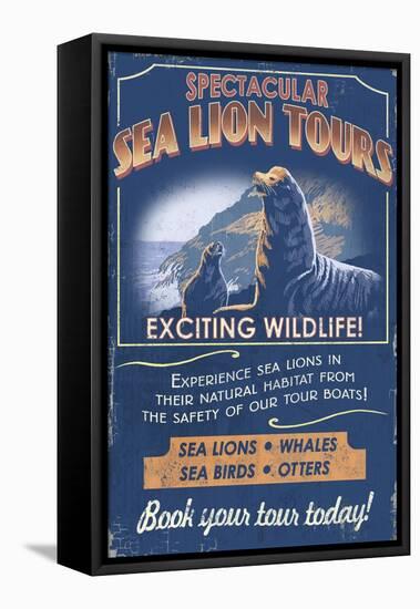 Sea Lion - Vintage Sign-Lantern Press-Framed Stretched Canvas