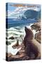 Sea Lions and Lighthouse - Oregon Coast-Lantern Press-Stretched Canvas