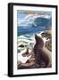 Sea Lions and Lighthouse - Oregon Coast-Lantern Press-Framed Art Print