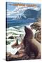 Sea Lions and Lighthouse - Oregon Coast-Lantern Press-Stretched Canvas