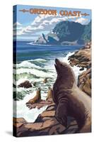 Sea Lions and Lighthouse - Oregon Coast-Lantern Press-Stretched Canvas