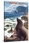 Sea Lions and Lighthouse - Oregon Coast-Lantern Press-Stretched Canvas