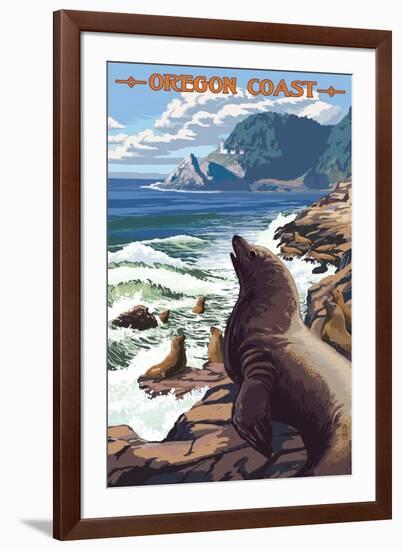 Sea Lions and Lighthouse - Oregon Coast-Lantern Press-Framed Art Print