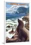 Sea Lions and Lighthouse - Oregon Coast-Lantern Press-Framed Art Print