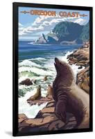 Sea Lions and Lighthouse - Oregon Coast-Lantern Press-Framed Art Print