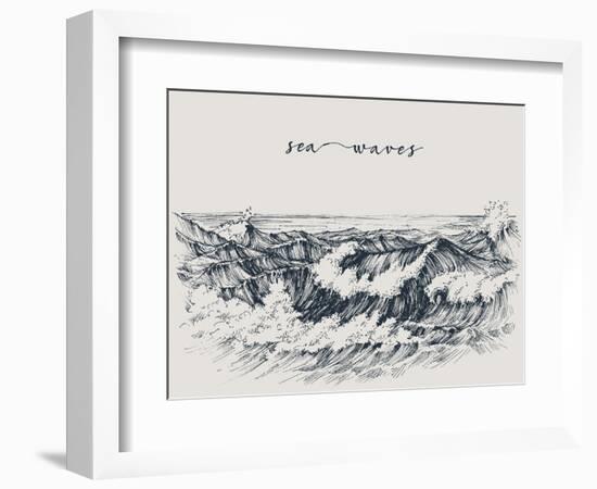 Sea or Ocean Waves Drawing. Sea View, Waves Breaking on the Beach-Danussa-Framed Art Print