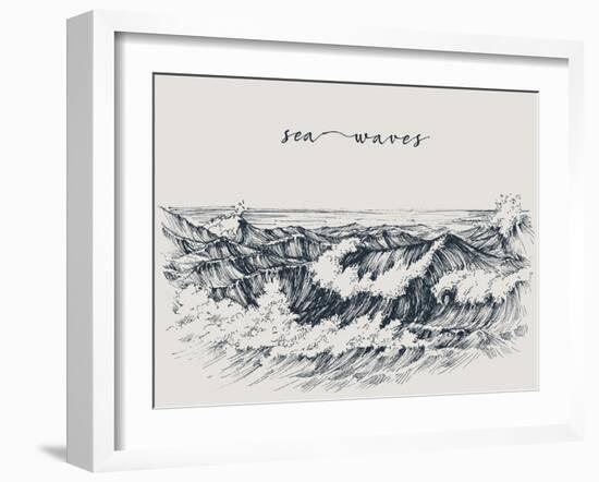 Sea or Ocean Waves Drawing. Sea View, Waves Breaking on the Beach-Danussa-Framed Art Print
