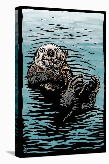 Sea Otter - Scratchboard-Lantern Press-Stretched Canvas