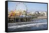 Sea, pier and ferris wheel, Santa Monica, California, United States of America, North America-Peter Groenendijk-Framed Stretched Canvas