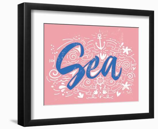 Sea Print T-Shirts for Summer. Vector Illustration. Hand Lettering. Contour Drawing.-Karma3-Framed Art Print