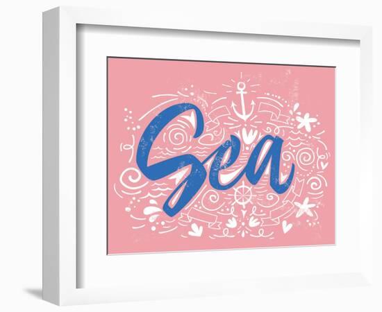 Sea Print T-Shirts for Summer. Vector Illustration. Hand Lettering. Contour Drawing.-Karma3-Framed Art Print