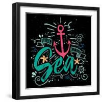 Sea Print T-Shirts for Summer. Vector Illustration. Hand Lettering. Contour Drawing.-Karma3-Framed Art Print