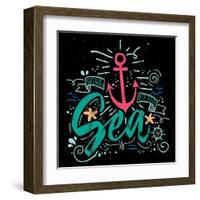 Sea Print T-Shirts for Summer. Vector Illustration. Hand Lettering. Contour Drawing.-Karma3-Framed Art Print