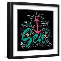 Sea Print T-Shirts for Summer. Vector Illustration. Hand Lettering. Contour Drawing.-Karma3-Framed Art Print