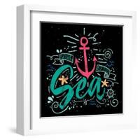 Sea Print T-Shirts for Summer. Vector Illustration. Hand Lettering. Contour Drawing.-Karma3-Framed Art Print