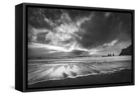 Sea stacks, tall cliffs and black basalt sandy beach at Vic on the southern coast, Iceland, Polar R-John Potter-Framed Stretched Canvas