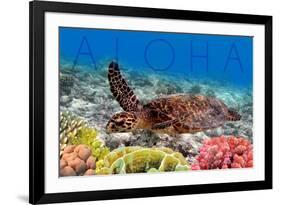Sea Turtle and Coral - Aloha-Lantern Press-Framed Art Print