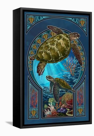 Sea Turtle - Art Nouveau-Lantern Press-Framed Stretched Canvas