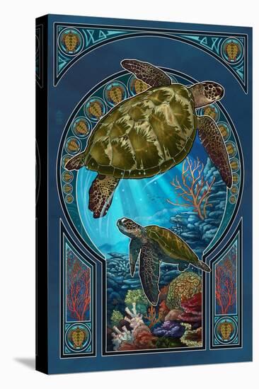 Sea Turtle - Art Nouveau-Lantern Press-Stretched Canvas
