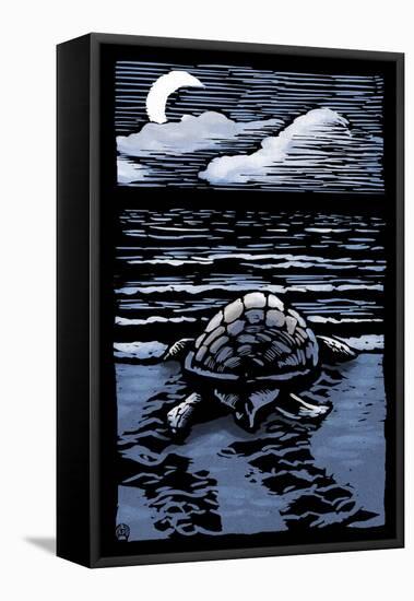 Sea Turtle on Beach - Scratchboard-Lantern Press-Framed Stretched Canvas