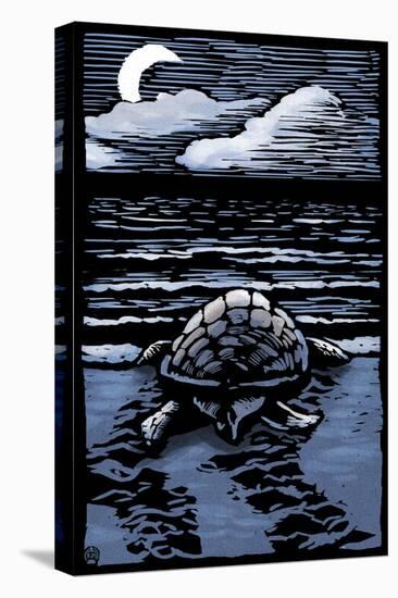 Sea Turtle on Beach - Scratchboard-Lantern Press-Stretched Canvas