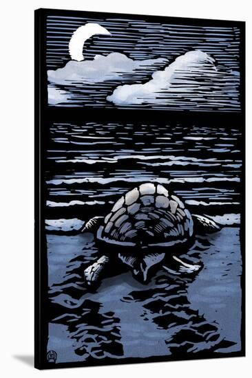 Sea Turtle on Beach - Scratchboard-Lantern Press-Stretched Canvas