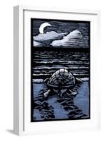 Sea Turtle on Beach - Scratchboard-Lantern Press-Framed Art Print