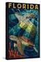 Sea Turtle Paper Mosaic - Florida-Lantern Press-Stretched Canvas