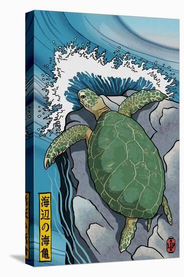 Sea Turtles - Woodblock Print-Lantern Press-Stretched Canvas