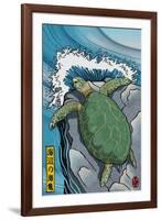 Sea Turtles - Woodblock Print-Lantern Press-Framed Art Print