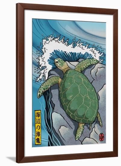 Sea Turtles - Woodblock Print-Lantern Press-Framed Art Print