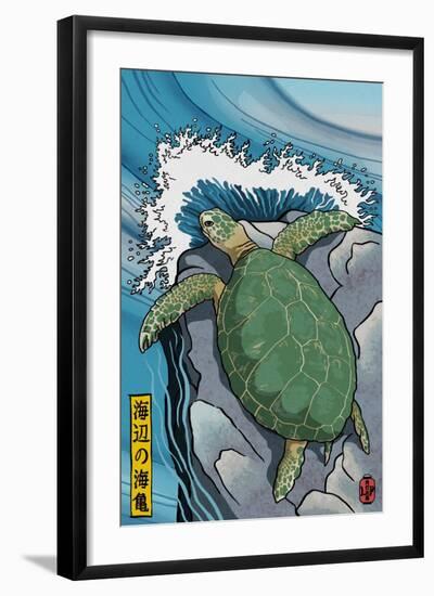 Sea Turtles - Woodblock Print-Lantern Press-Framed Art Print