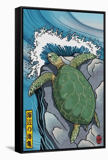 Sea Turtles - Woodblock Print-Lantern Press-Framed Stretched Canvas