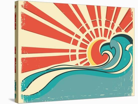 Sea Waves.Vintage Illustration Of Nature Poster With Sun On Old Paper-GeraKTV-Stretched Canvas