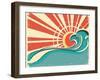 Sea Waves.Vintage Illustration Of Nature Poster With Sun On Old Paper-GeraKTV-Framed Art Print