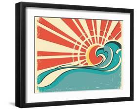 Sea Waves.Vintage Illustration Of Nature Poster With Sun On Old Paper-GeraKTV-Framed Art Print