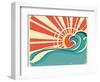 Sea Waves.Vintage Illustration Of Nature Poster With Sun On Old Paper-GeraKTV-Framed Art Print