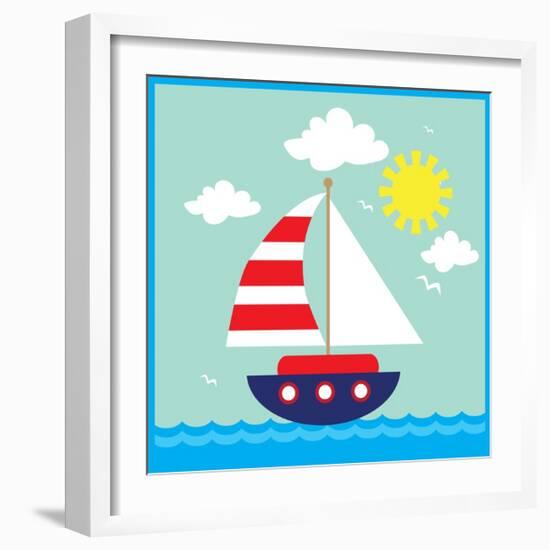 Sea,Yacht,Landscape,Vector,Cartoon,Illustration-Svetlana Peskin-Framed Premium Giclee Print