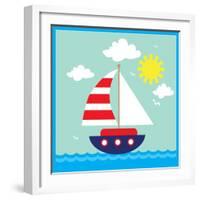 Sea,Yacht,Landscape,Vector,Cartoon,Illustration-Svetlana Peskin-Framed Art Print