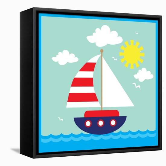 Sea,Yacht,Landscape,Vector,Cartoon,Illustration-Svetlana Peskin-Framed Stretched Canvas