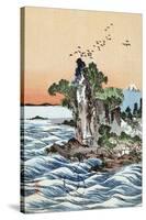 Seacoast Village Shichirigahama with View of Mount Fuji, Japanese Wood-Cut Print-Lantern Press-Stretched Canvas