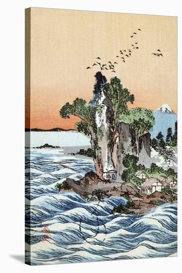 Seacoast Village Shichirigahama with View of Mount Fuji, Japanese Wood-Cut Print-Lantern Press-Stretched Canvas